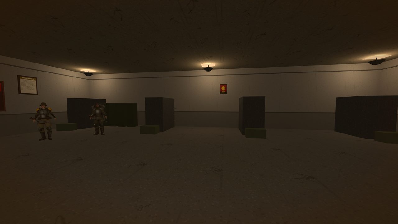 A dim barracks room at night, lit by three wall sconces throwing pools of light up onto a high dark ceiling. Two militia stand on watch at the left among rows of black bunks and green footlockers: one in a steel helmet with yellow shoulder pads and a rifle held low, the other in heavier plated armour with a rifle across his body. A framed notice hangs on the near wall and a small red-and-gold portrait on the far one; the rest of the room stretches away empty.