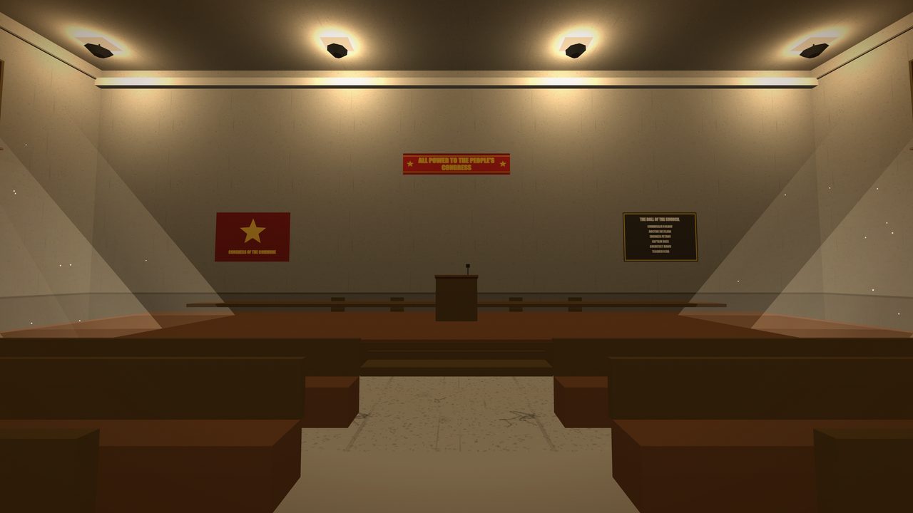 An empty assembly hall seen straight down the centre aisle, lit by four ceiling lamps and two broad shafts of daylight falling across rows of wooden benches. A plain speaker's lectern with a microphone stands on a low stage. On the wall behind it a red flag with a gold star is captioned CONGRESS OF THE COMMUNE, a red banner overhead reads ALL POWER TO THE PEOPLE'S CONGRESS, and a brass plaque headed THE ROLL OF THE COUNCIL lists Commissar Volkov, Doctor Svetlana, Engineer Petrov, Captain Roza, Architect Kirov and Teacher Vera.